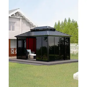 10x14 ft Hardtop Gazebo Sunroom, All-Season Outdoor Room with Aluminum Frame, Enclosed Patio Solarium with Polycarbonate Sliding Doors & Double Roof for Backyard, Deck & Hot Tub Enclosure