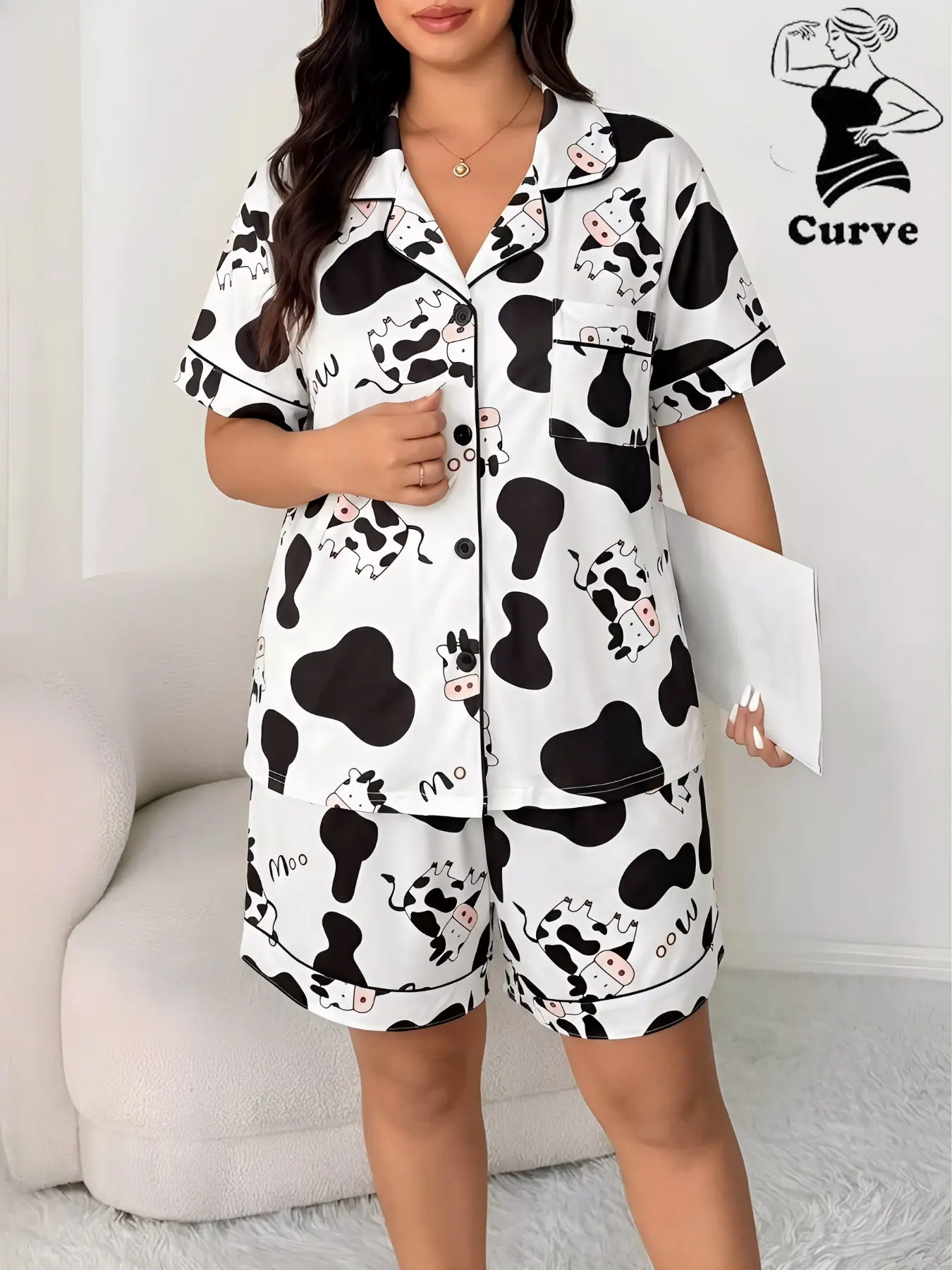Two-Piece Plus Size Cute Cow Print Pajamas for Women, Collar Button Short Sleeve + Loose Shorts, Soft Cozy Home Loungewear Sleepwear Set, Casual Pajamas Set