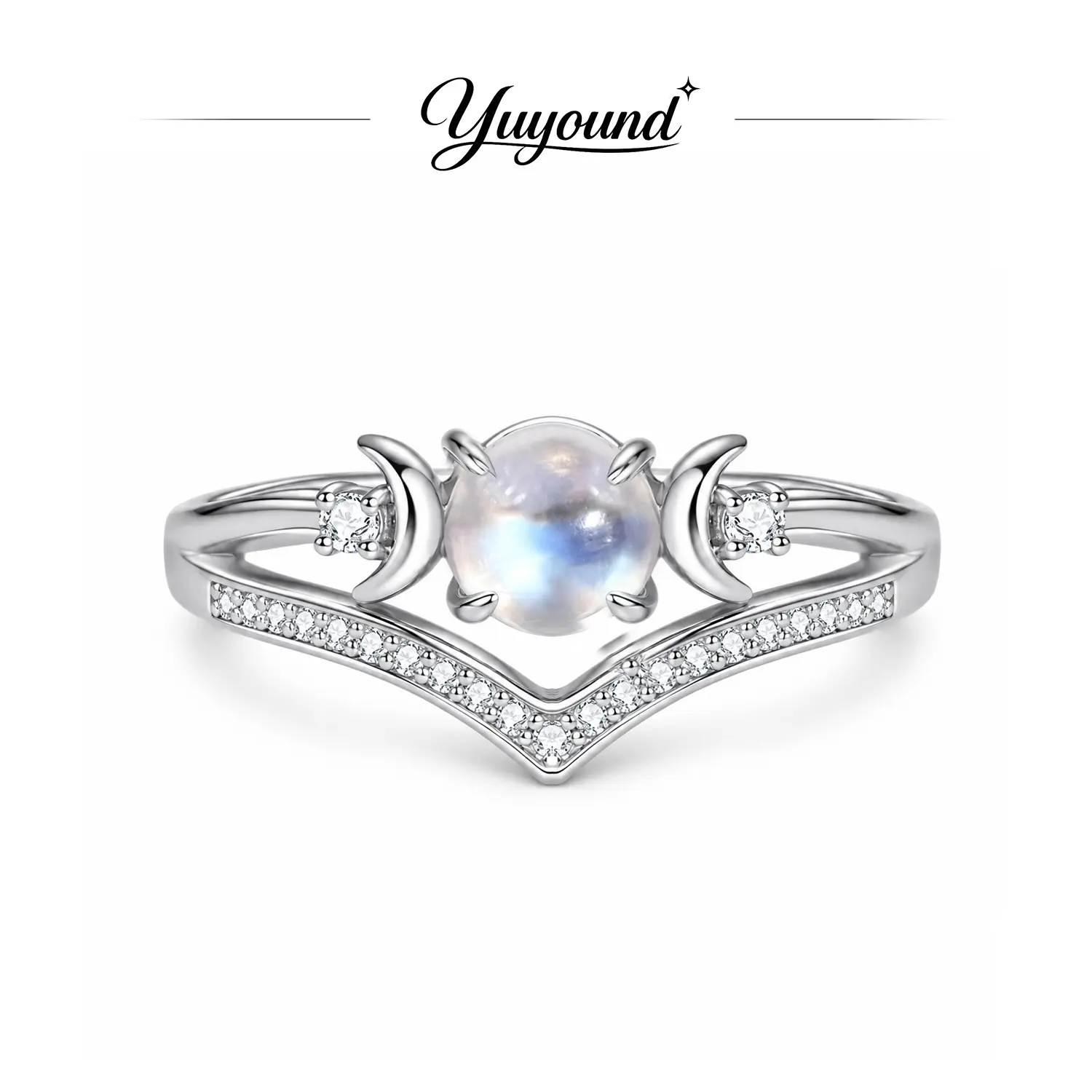 Moonstone Ring for Women, Crescent Moon Gemstone Ring with Heart Detail, Vintage Elegant Statement Jewelry, Celestial Fashion Ring, Unique Boho Style Gift for Her Birthday Christmas Halloween Thanksgiving Anniversary