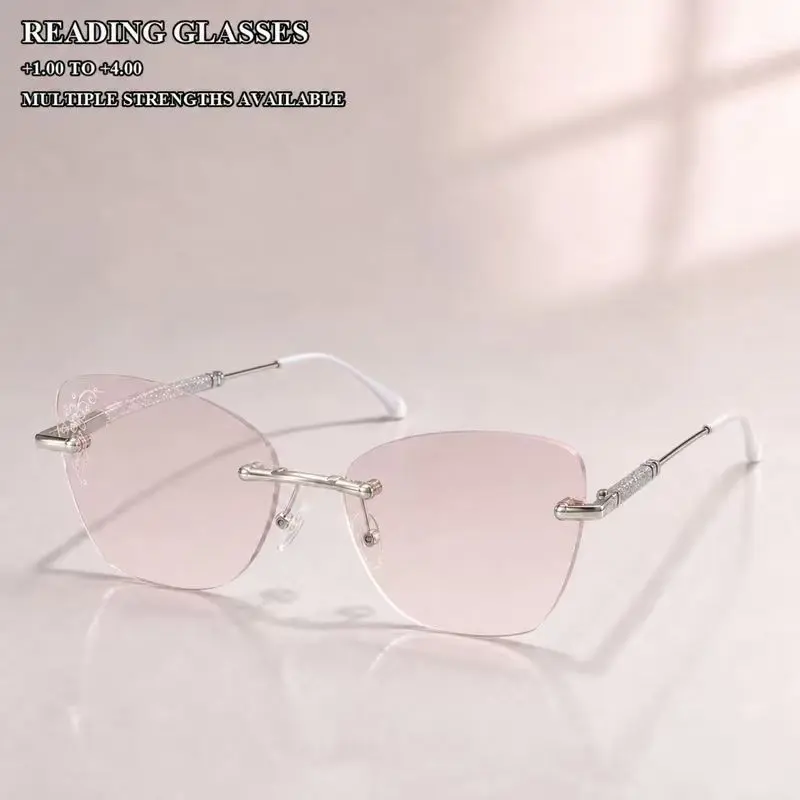 Women's Frameless Sparkling Rhinestone Reading Glasses, Lightweight Elliptical Design, Elegant Decorative Reading Glasses, 1.00-4.00 Degrees Available