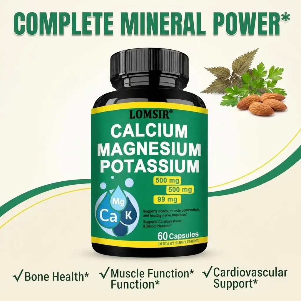 Calcium Magnesium Potassium Bone & Heart Health Supplement, 500mg Calcium, 500mg Magnesium, Supports Calcium Utilization, 60 Capsules