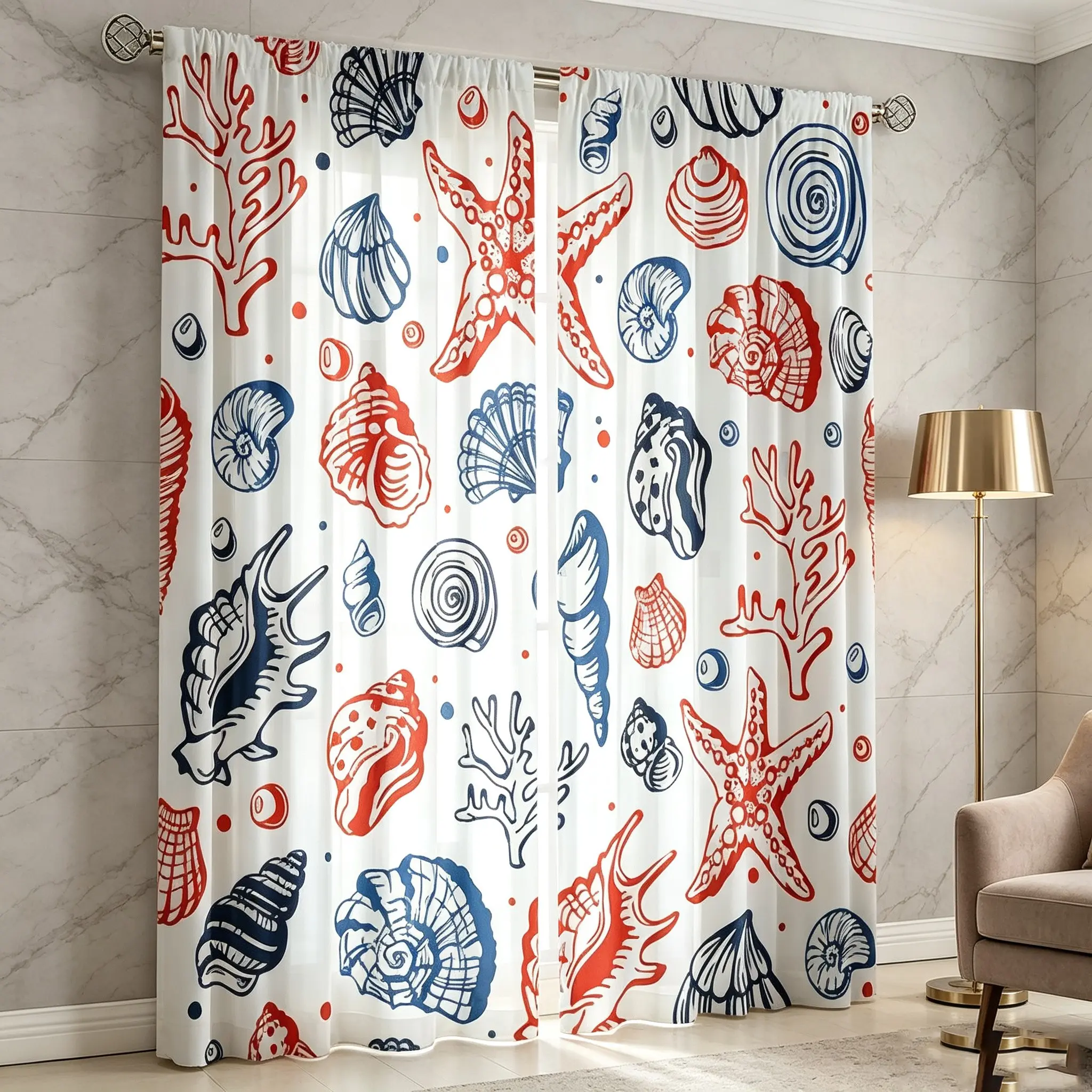 2 pieces of vintage hand-painted conch shell ocean element printed curtains, lightweight and slightly translucent, suitable for a seaside vacation style bedroom in a guesthouse, floor-to-ceiling fabric curtains
