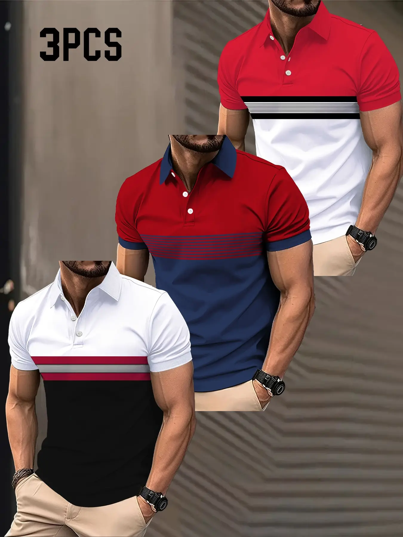 Vintage Colorblock Horizontal Stripe Design Collared Polo Shirts, Men's 3-Pack, Casual Business Short Sleeve, Unique Color Combinations
