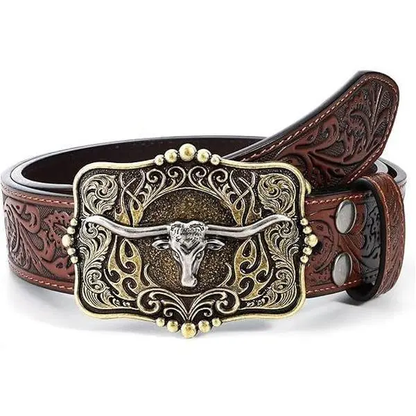 Men's Western Tooled Floral Belt with Removable Cowboy Longhorn Bull Buckle - Cowboy Stuff, Fashion Clothes Accessory, Detachable Belt, Heavy Duty