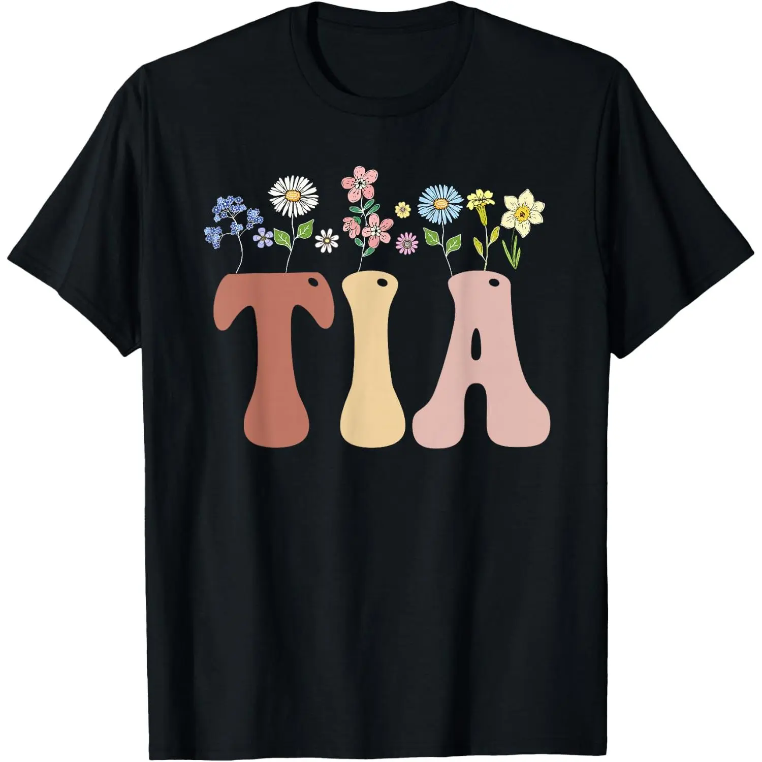 Tia Gifts Women's Wildflower Floral Design Tia T-Shirt Cotton Graphic Crew Neck Soft Top Short Sleeve Casual Unsex Shirt Breathable for Men Women