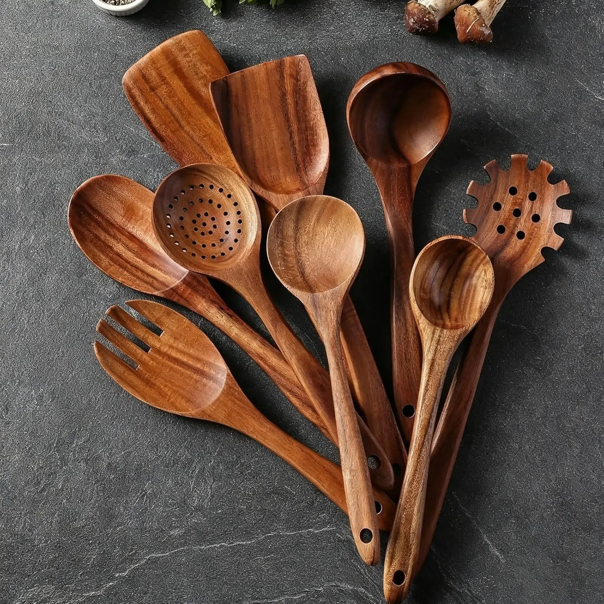 7/9pcs Natural Acacia Wood Kitchen Utensil Set, Wooden Cooking Spoons, Non Scratch Cookware Kit, Safe for Nonstick Pans, Premium Dining Tools, Wooden Kitchen Utensils, Cooking Accessories