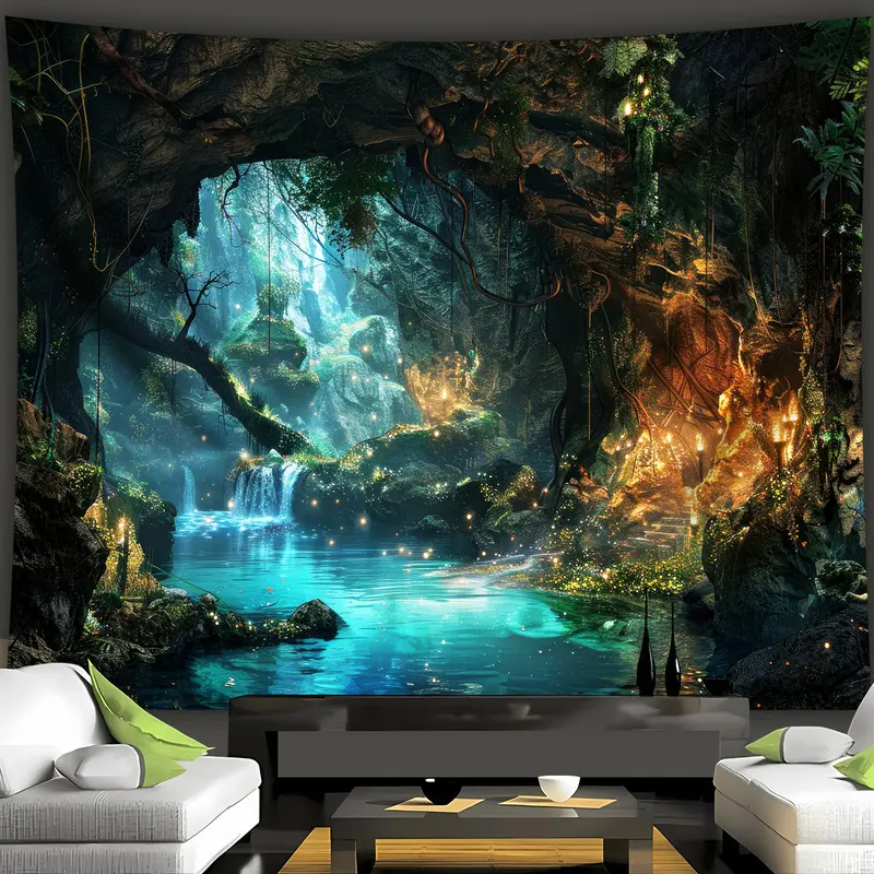 Magical Cave Forest Waterfall Tapestry in Multiple Sizes.Perfect for decorating bedrooms, living rooms, and parties.Comes with hooks. decorative wall hanging large decor Boho Floral Moon aesthetic life room tapestry Tapestry Wall Hanging trippy home