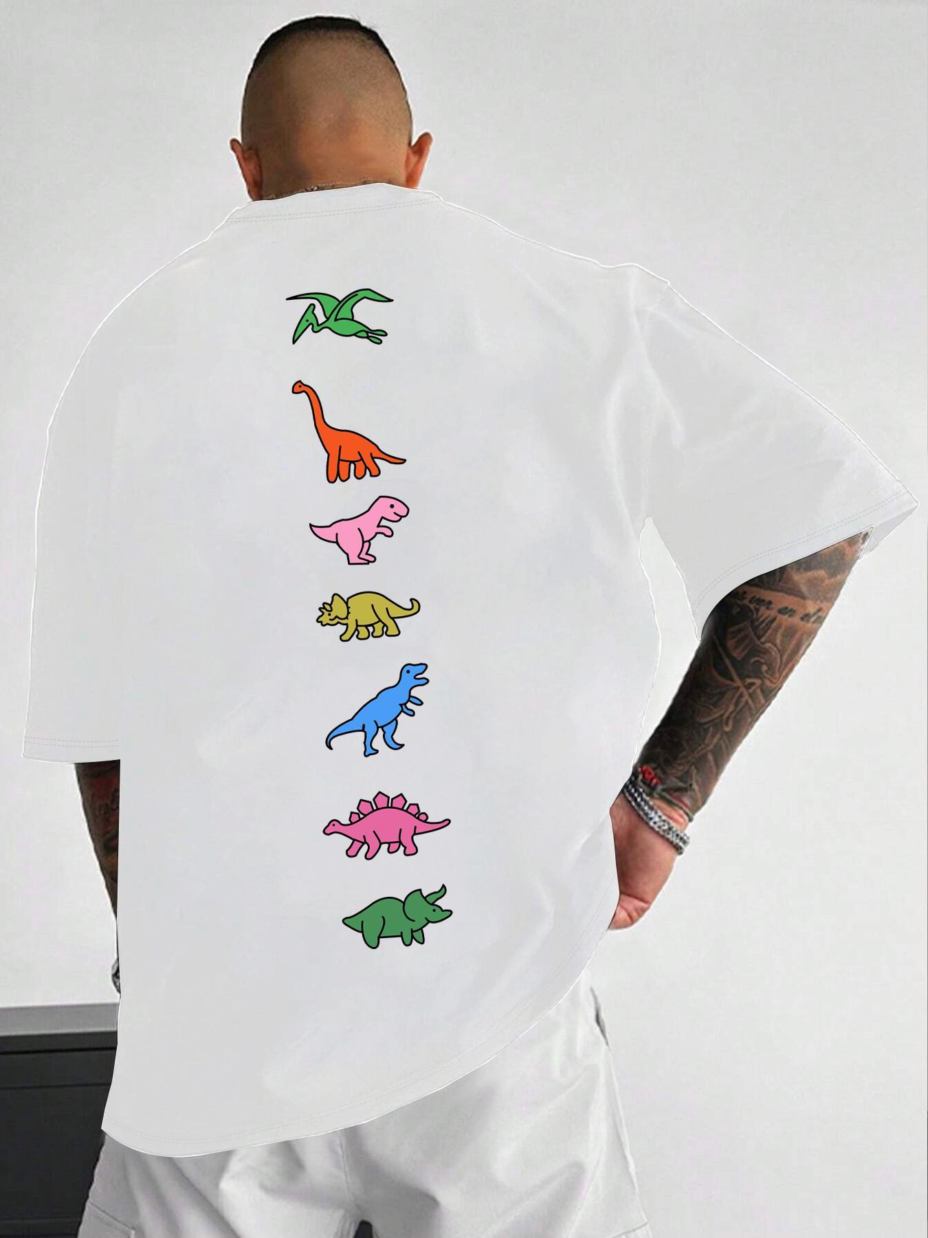 Unisex Men's Dinosaur Print Drop Shoulder Tee, Street Fashion Casual Short Sleeve Round Neck T-Shirt for Daily Wear, Men's Clothes for Summer