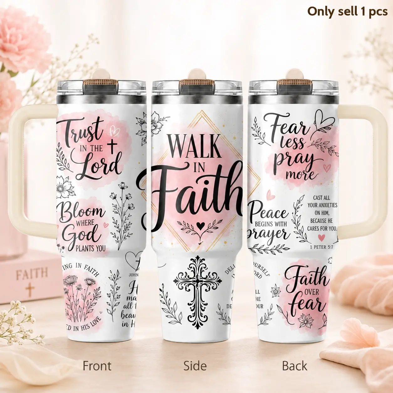 Jesus Floral Faith 40oz Insulated Tumbler Cup – Christian Religious Stainless Steel Travel Mug with Handle & Straw Lid for Coffee, Water, Church, Office, Gym, Car, Inspirational Gift for Women