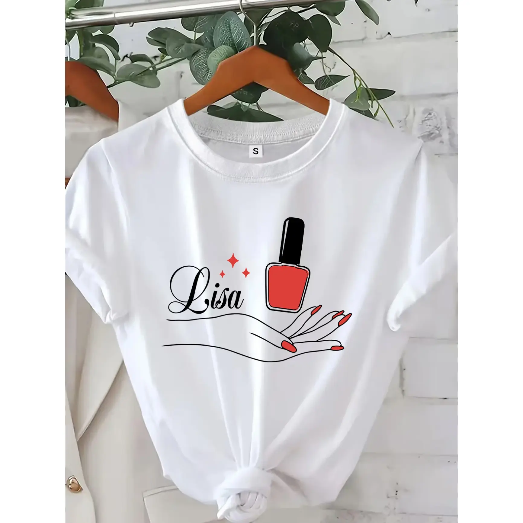 Nail Polish Hand Custom Name Graphic Oversized Cotton T-Shirt, SummerVibes,Cute Nail Tech Fashion Comfort Outfit Tee, Perfect Valentine Birthday Gift For Her Nail Lover Friends