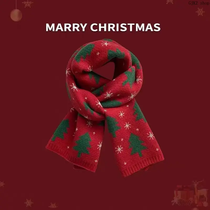 Unisex Christmas Pattern Knitted Scarf, Soft Thick Warm Neck Wrap with Reindeer Christmas Tree Plaid Print, Windproof Cozy Scarf for Fall Winter Holiday Daily Outdoor Matching