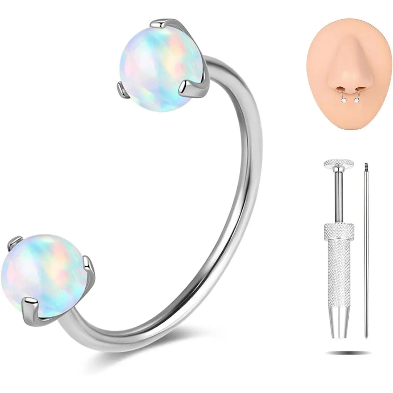 Modern 20G G23 Titanium Opalite Stones Horseshoe Nose Ring - Unisex Casual Wear Nostril, Cartilage, Helix, Tragus Earring Hoop