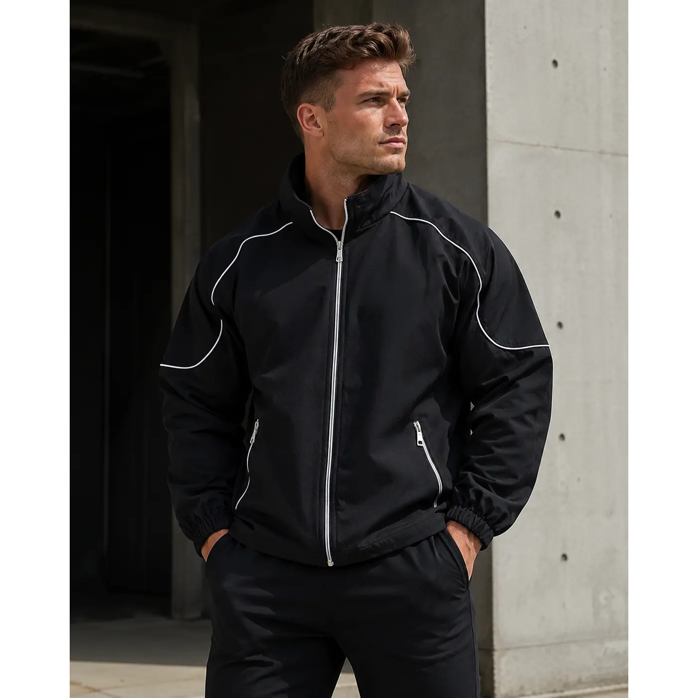 Men's Athletic Track Jacket Windbreaker Full Zip Up Sports Activewear With White Piping Decorative Strips Stand Collar Running Gym Workout Training Casual Outerwear Zipper Pockets Lightweight Breathable Windproof Streetwear Minimalist cozy premium fall