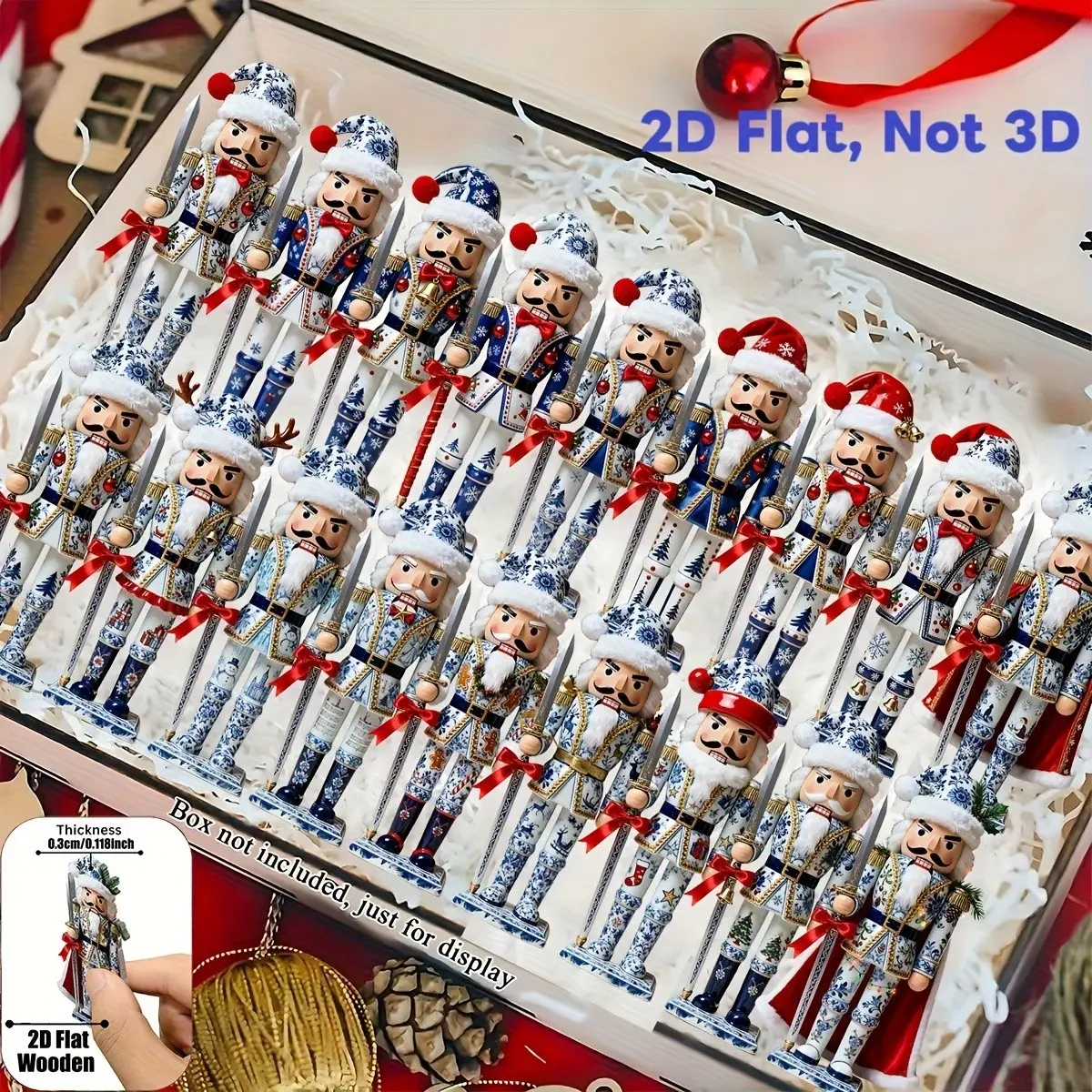 2D Flat-18pcs Handmade Blue Porcelain Nutcracker Soldiers, Wooden Christmas Tags, Holiday Decorations, Winter Seasonal Hanging Ornaments
