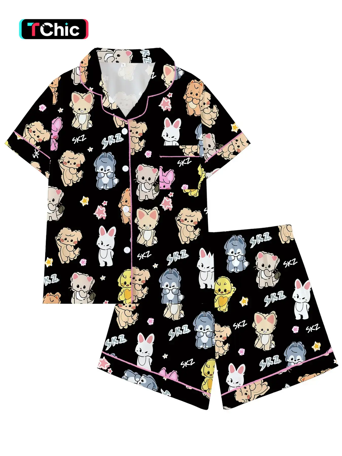 Women's Cute Korean Idol Cartoon Print Pajama Set, Short Sleeve Open Front Two-Piece Home Wear, Role Play Sleepwear, Loungewear, Fan Gift, Loungewear And Homewear