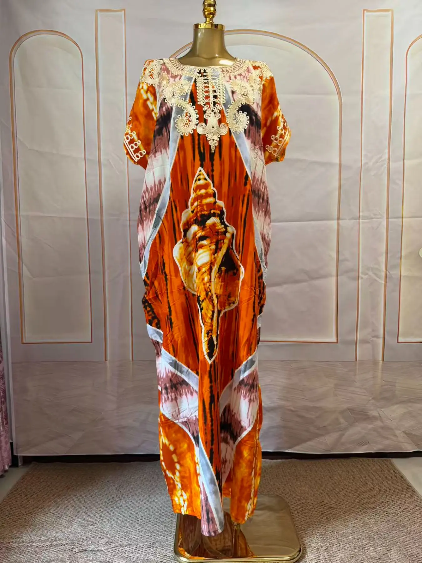 Seashell Print Kaftan Maxi Dress Women Gold Embroidery Collar Batwing Oversized Loose Caftan Casual Beach Cover Up Vacation Long Embroidered Dress With Matching Headscarf