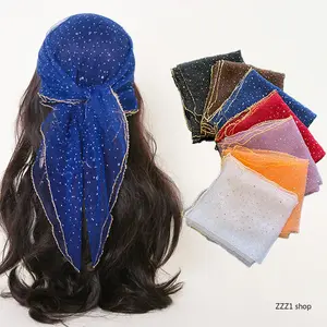 Glitter Mesh Square Head Scarf, Shiny Gold Border Hair Bandana Wrap, Soft Sheer Organza Kerchief for Women Summer Daily Wear Beach Vacation Travel