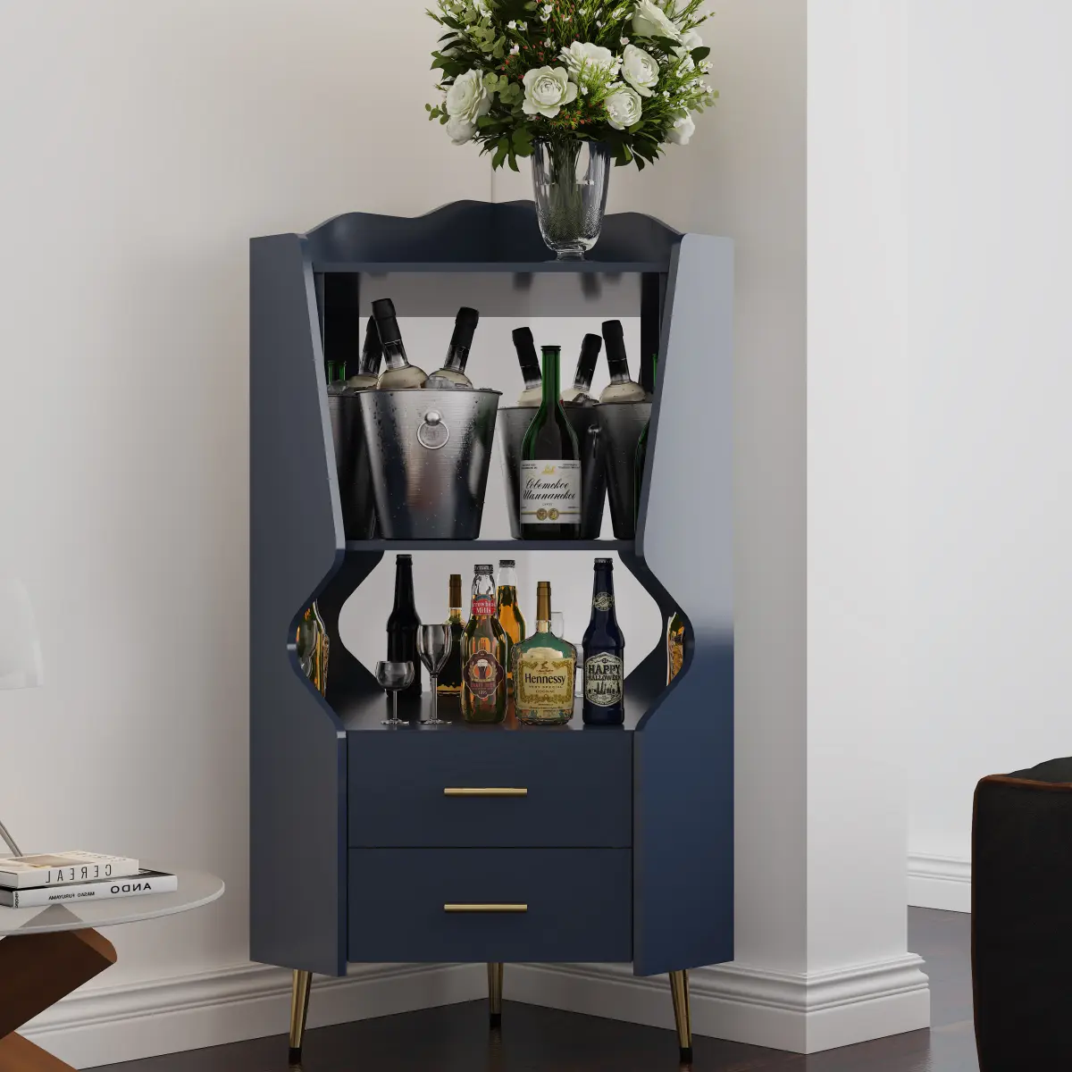 AobtkelWooden Corner bar cabinet with 2 open storage shelves and 2 drawers, mirrored back sideboard cabinet, high feet/legs for easy cleaning, buffet cabinet BLUE   WL RR