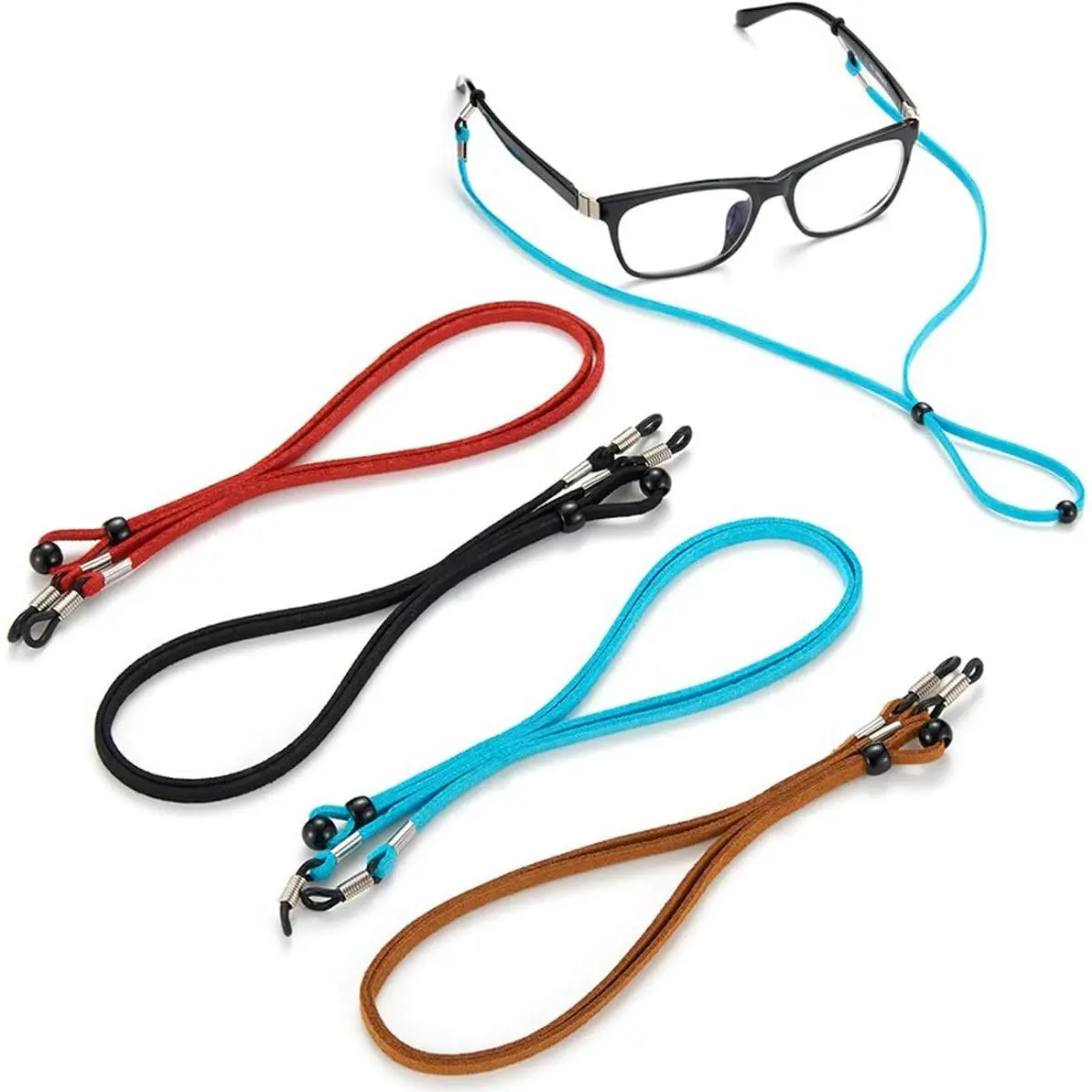 4-piece set of eyeglass cords, sunglasses straps, universal leather eyeglass chains for men, women, and children - adjustable eyeglass fastening straps