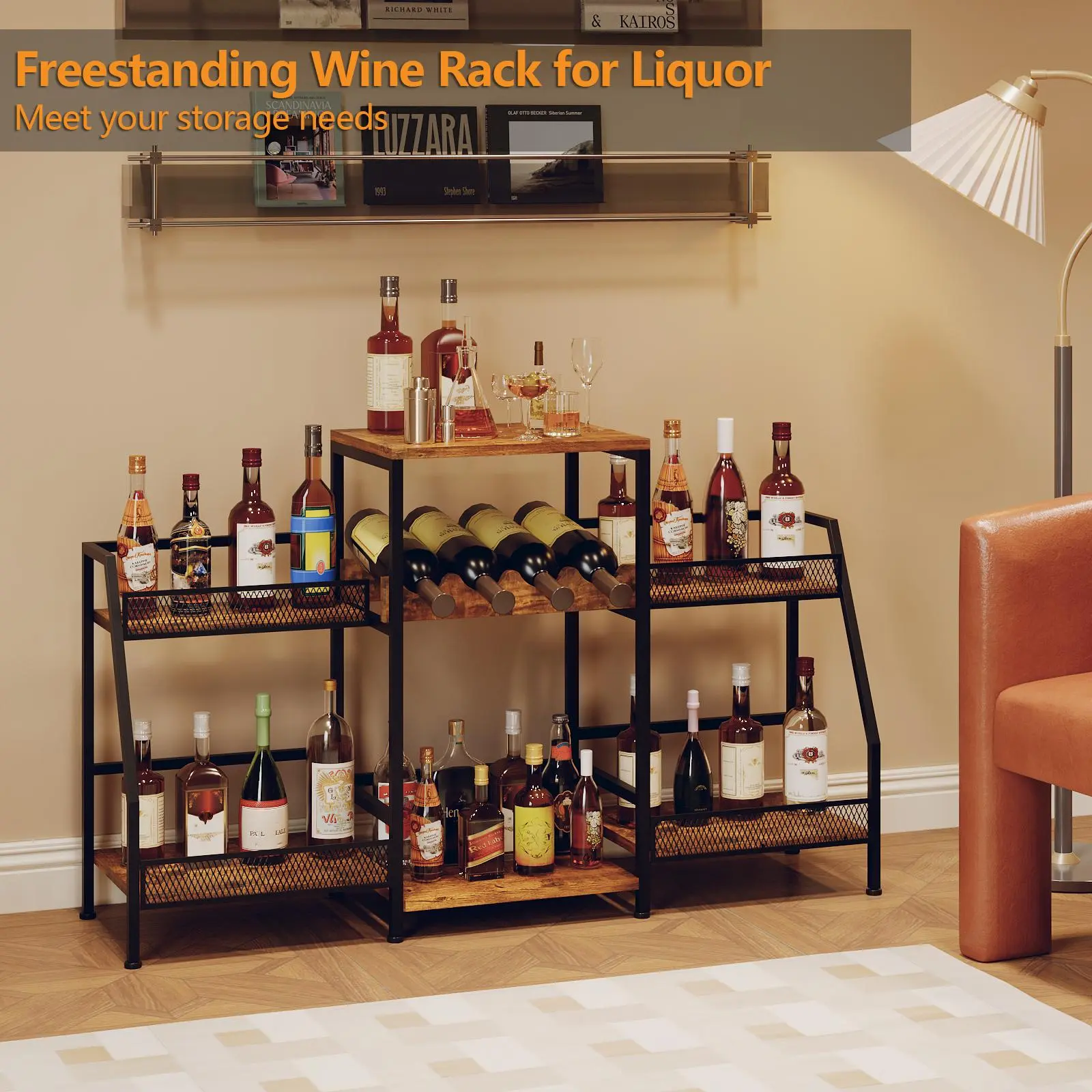 4-Tier Large Capacity Iron & Wood Freestanding Wine Rack Organizer - Single Unit Bar Cabinet with Stepped Design, Guardrails - Floor Shelf for Liquor, Bottles, Home Bar Storage