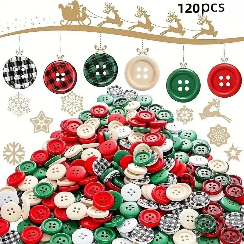 Random Color Wooden Button, 120pcs/set DIY Wooden Button, Round Decorative Button, DIY Sewing Christmas Socks Decoration