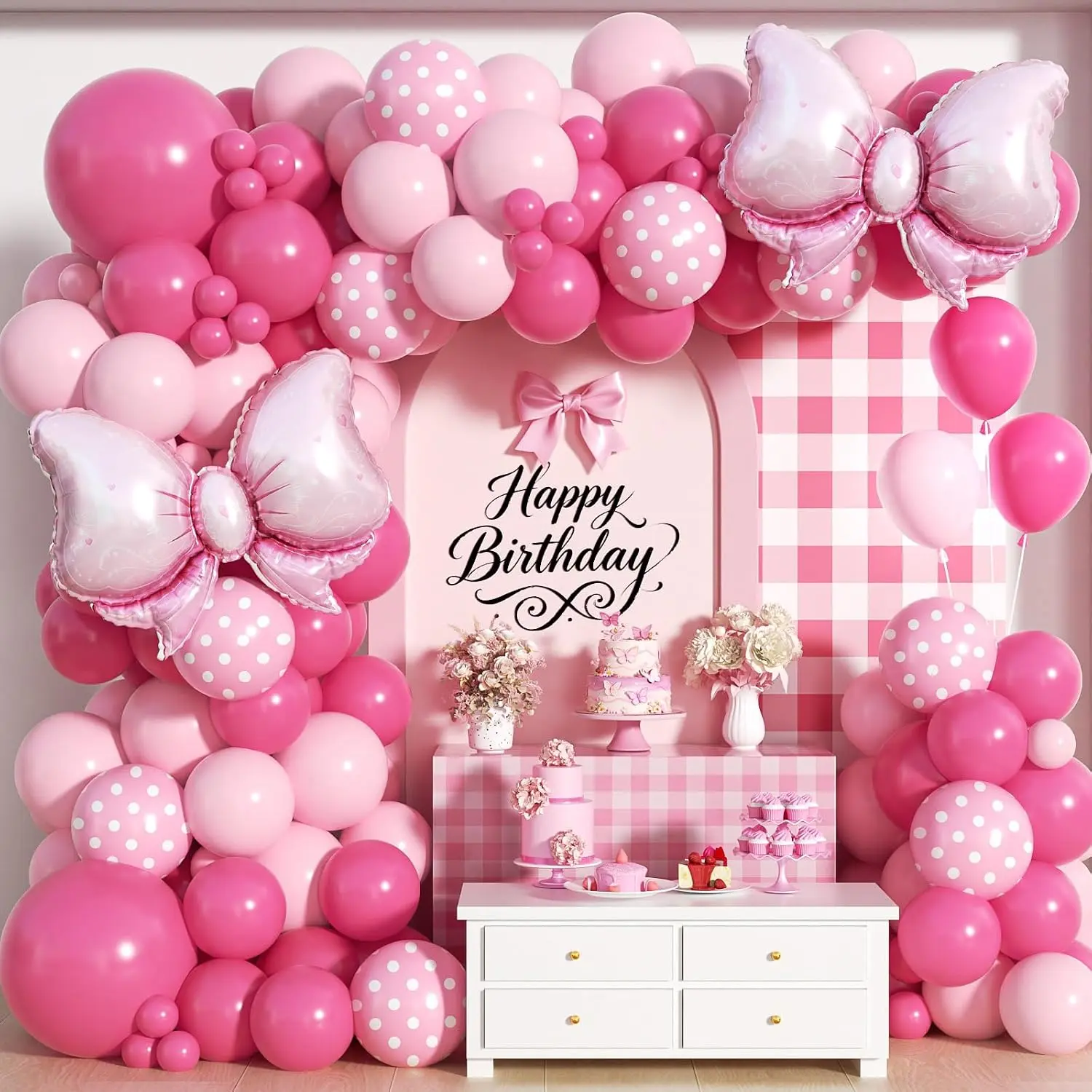 164Pcs Pink Mouse Balloon Garland Arch Kit |   Pink Bow Polka Dots Balloons, Girls 1st Birthday & Baby Shower Decor