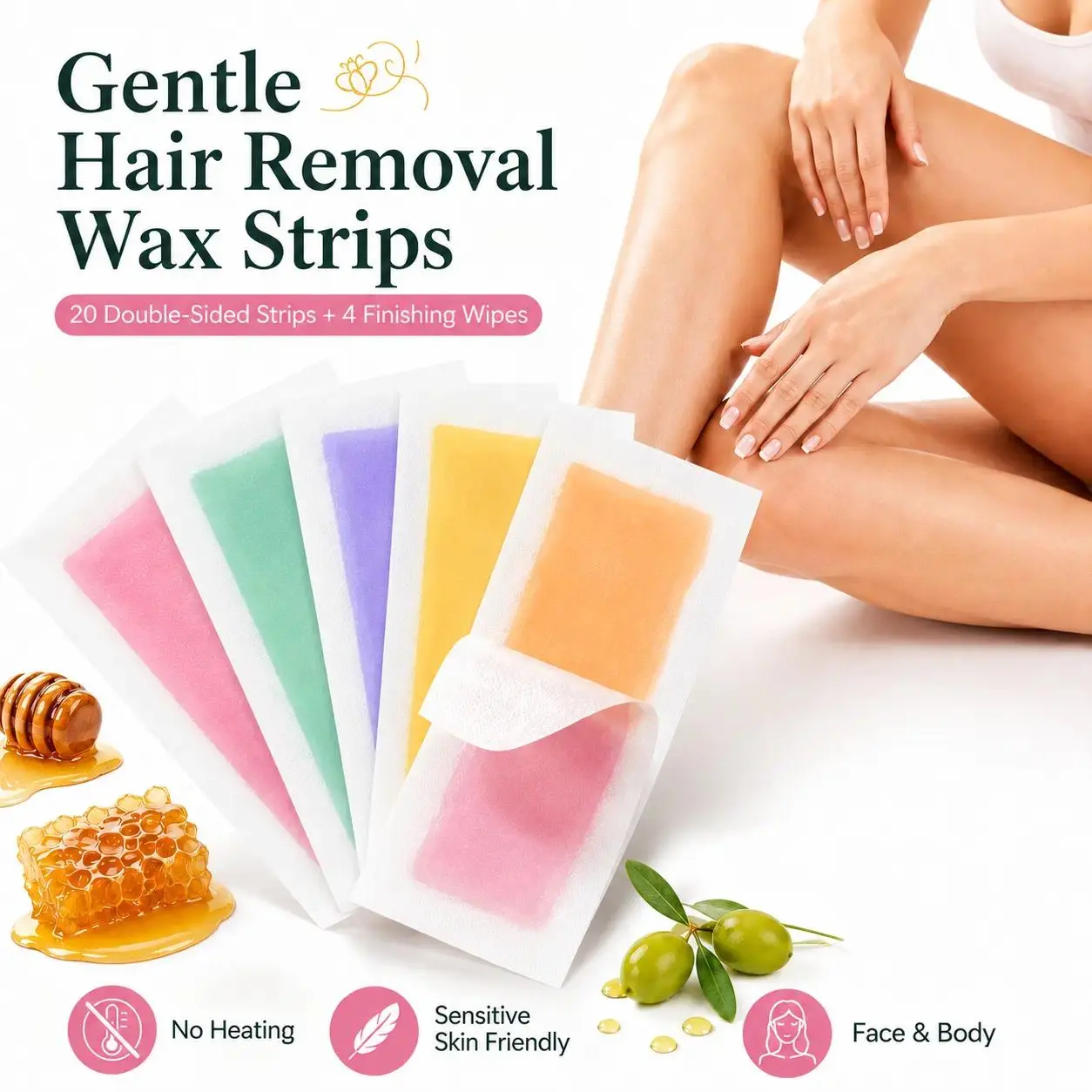 10 Double-Sided Beeswax Hair Removal Wax Strips Kit for Women, Random Color Gentle Body Waxing Strips for Bikini, Underarm, Arms & Legs