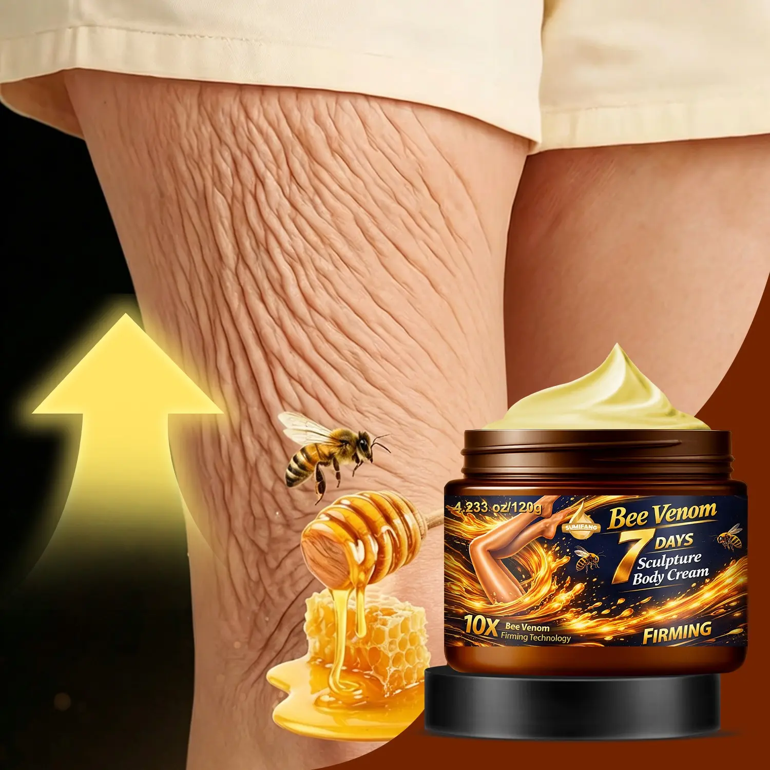 SUMIFANG, Bee Venom Sculpting Body Cream Moisturizer, Body Contouring Cream, Daily, deep moisture cream, Bee Venom + Collagen + Peptide Complex + Vitamin C, Sculpts and firms the body, Deeply moisturizes, Lifts and tightens skin, Enhances elasticity