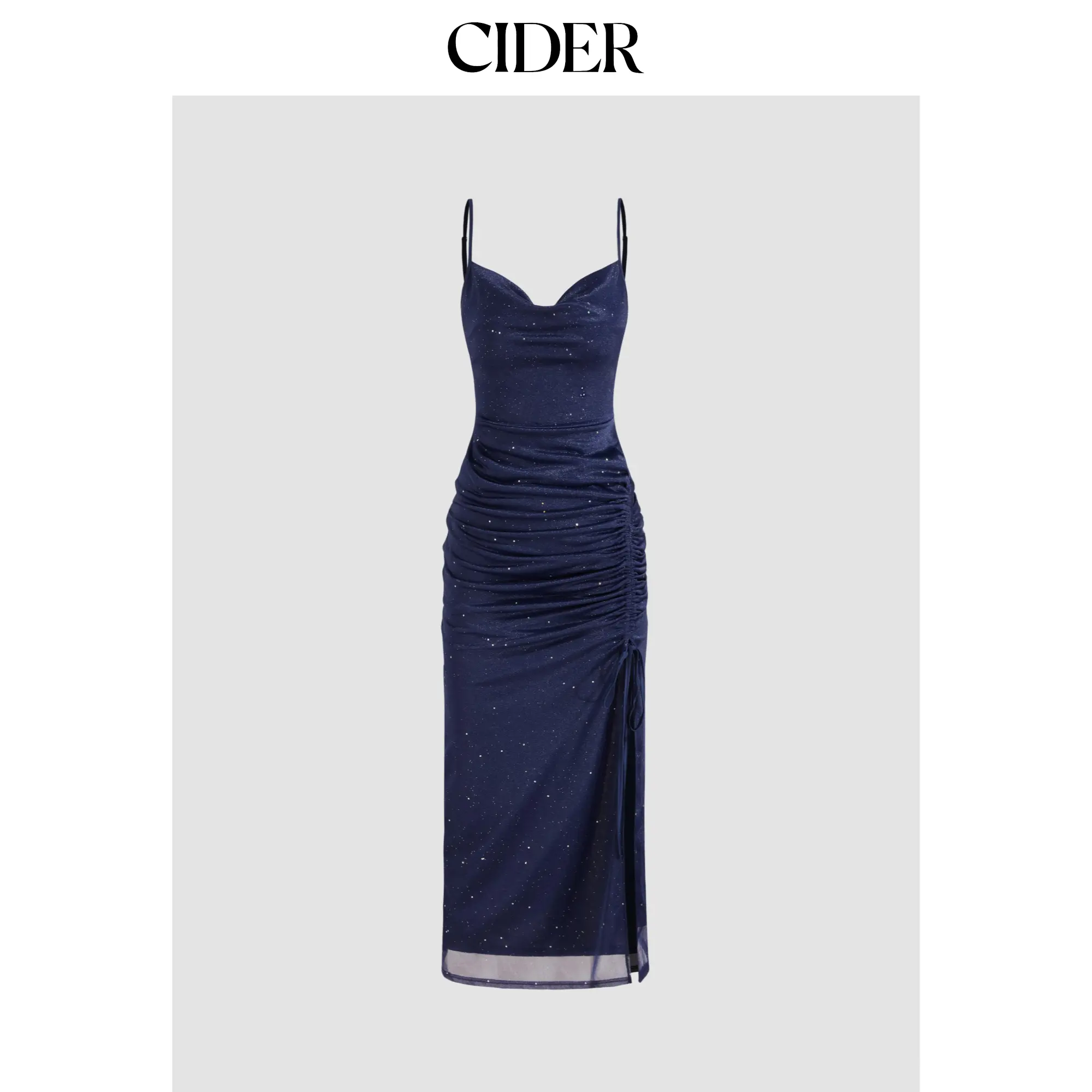 Cider [2 colors, size 0-26] Cowl Neck Solid Glitter Drawstring Maxi Dress