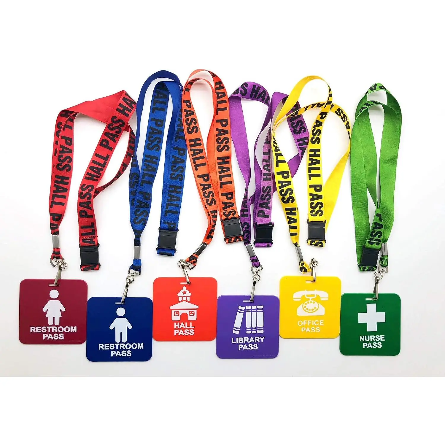 Hall Pass Lanyards & School Passes Set (6-Piece) - Polyester Material, Buckle Closure, 28" Straps, Icon Tags for School Access, Office Identification Supplies