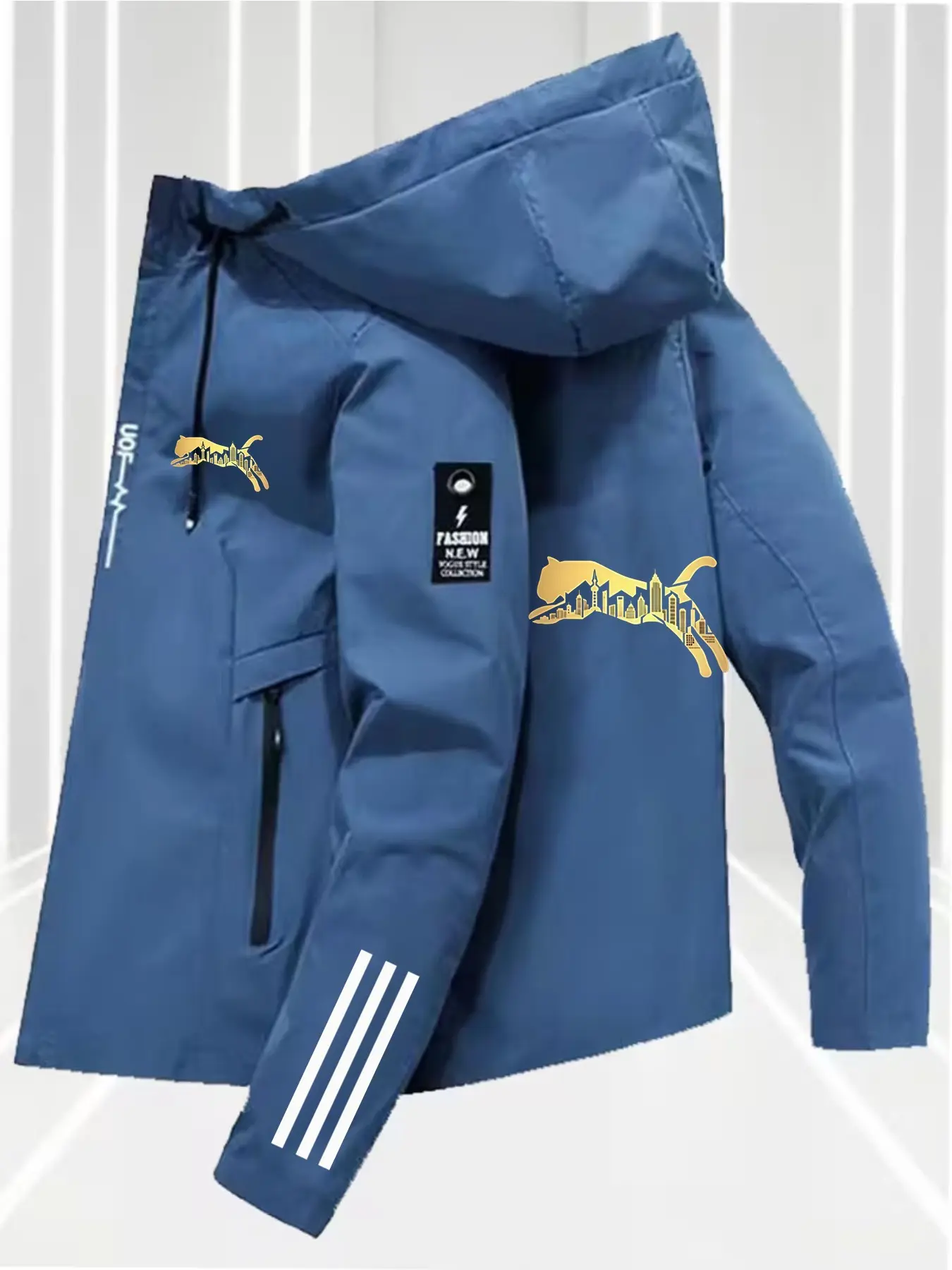 Trendy Reflective Geometric Print Hooded Jacket, Outdoor Functional Casual Versatile Coat, Stylish All-Season Outerwear, Casual Fall Jacket