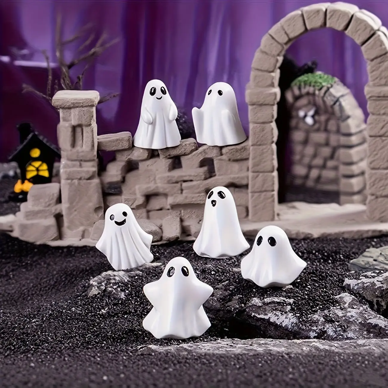 6pcs Halloween Floating Ghost Ornaments, Cute Ghost Figurines, Dollhouse Scenery, Potted Plants, Moss Bottle, Car Decor, Small Gifts
