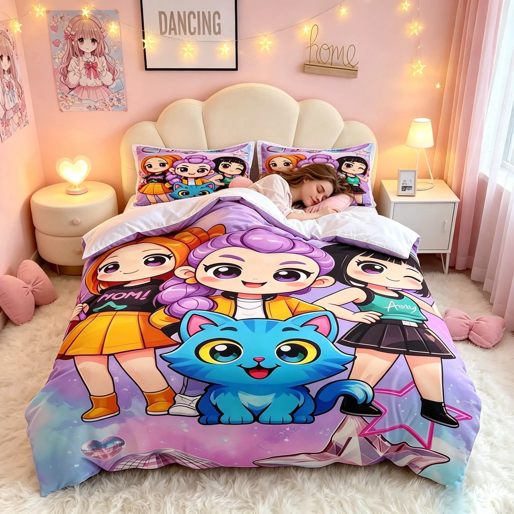 3-Piece Star Girl Pattern Quilt Cover Set, Includes 1 Quilt Cover and 2 Pillowcases, Soft Fabric, Ideal for Bedroom, Hotel, Dormitory, Beddings