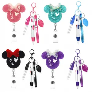 Cartoon Mouse Head Stethoscope Holder, Acrylic Material, Retractable Design, 360 Rotation ID Clip, Waterproof Card, Pen, Marker, Eld Light