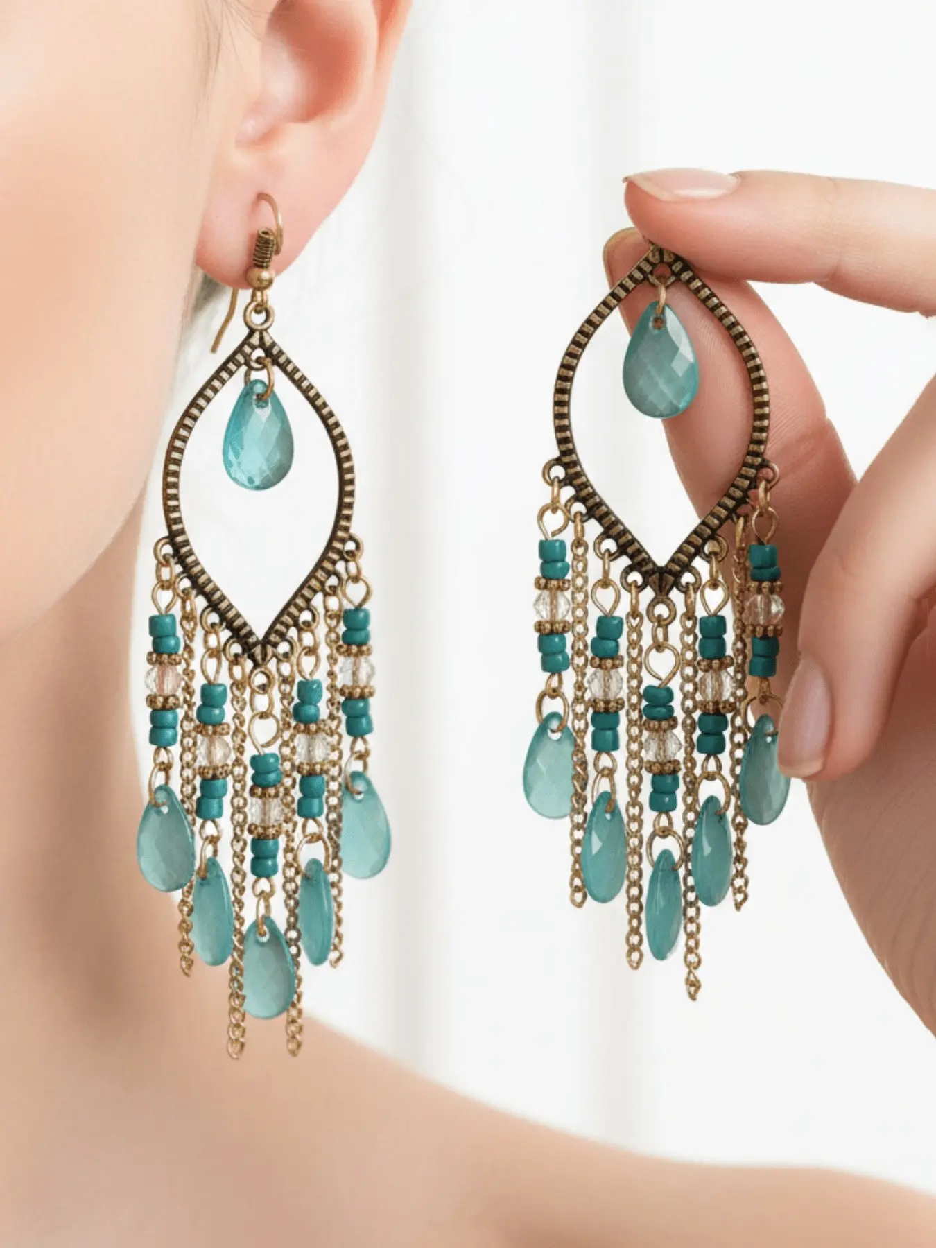Boho Tassel Earrings, Turquoise Teardrop Crystal Fringe Design Dangle Drop Earrings, Nickel Free Hypoallergenic Sustainable Western Jewelry for Women Summer Beach Outfit