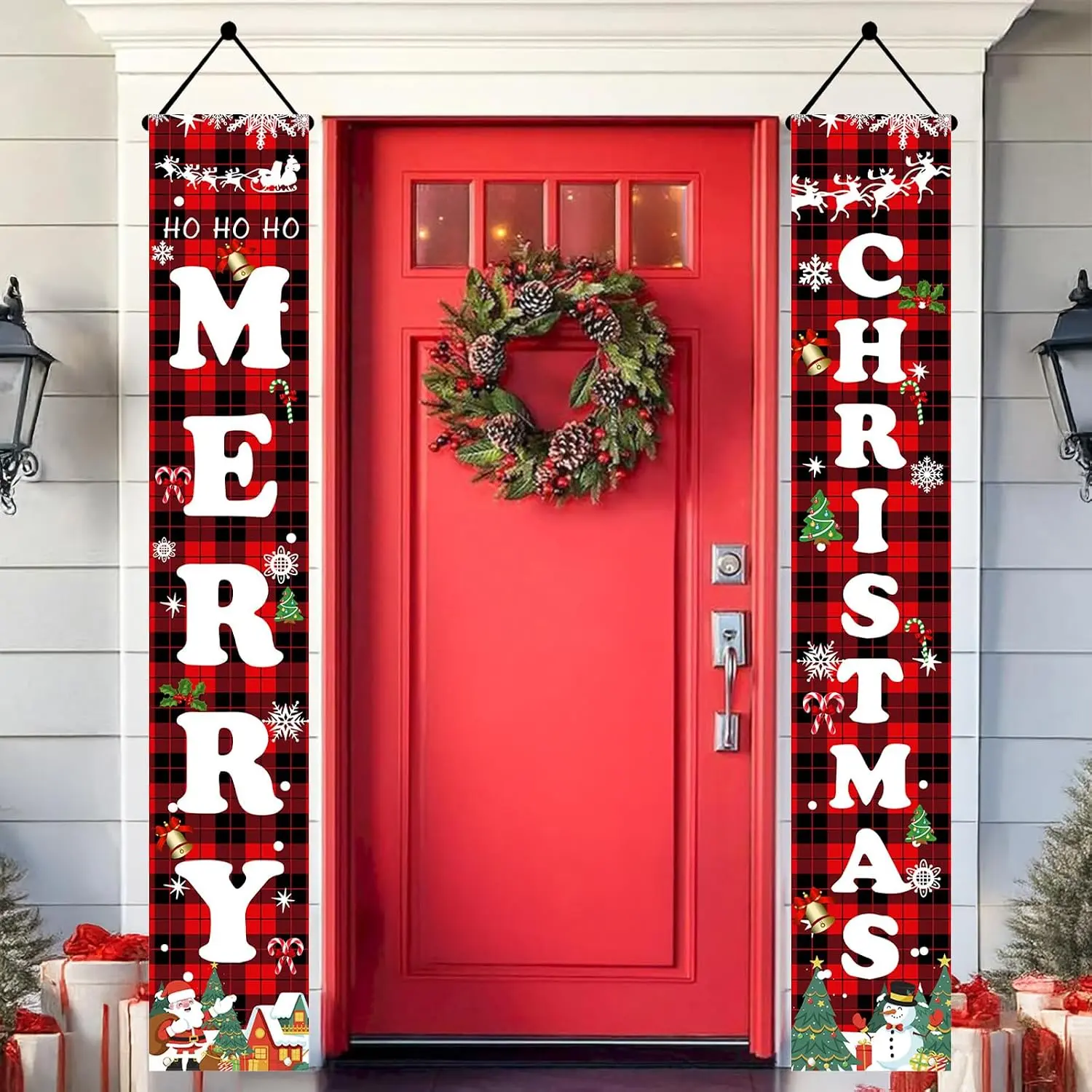 Christmas Decorations Outdoor Yard Front Porch Sign Set, Red Black Buffalo  Door Banner,  Merry Christmas Decorations for , Indoor Outdoor Xmas Decor Wall Front Door Yard Garage(Red)
