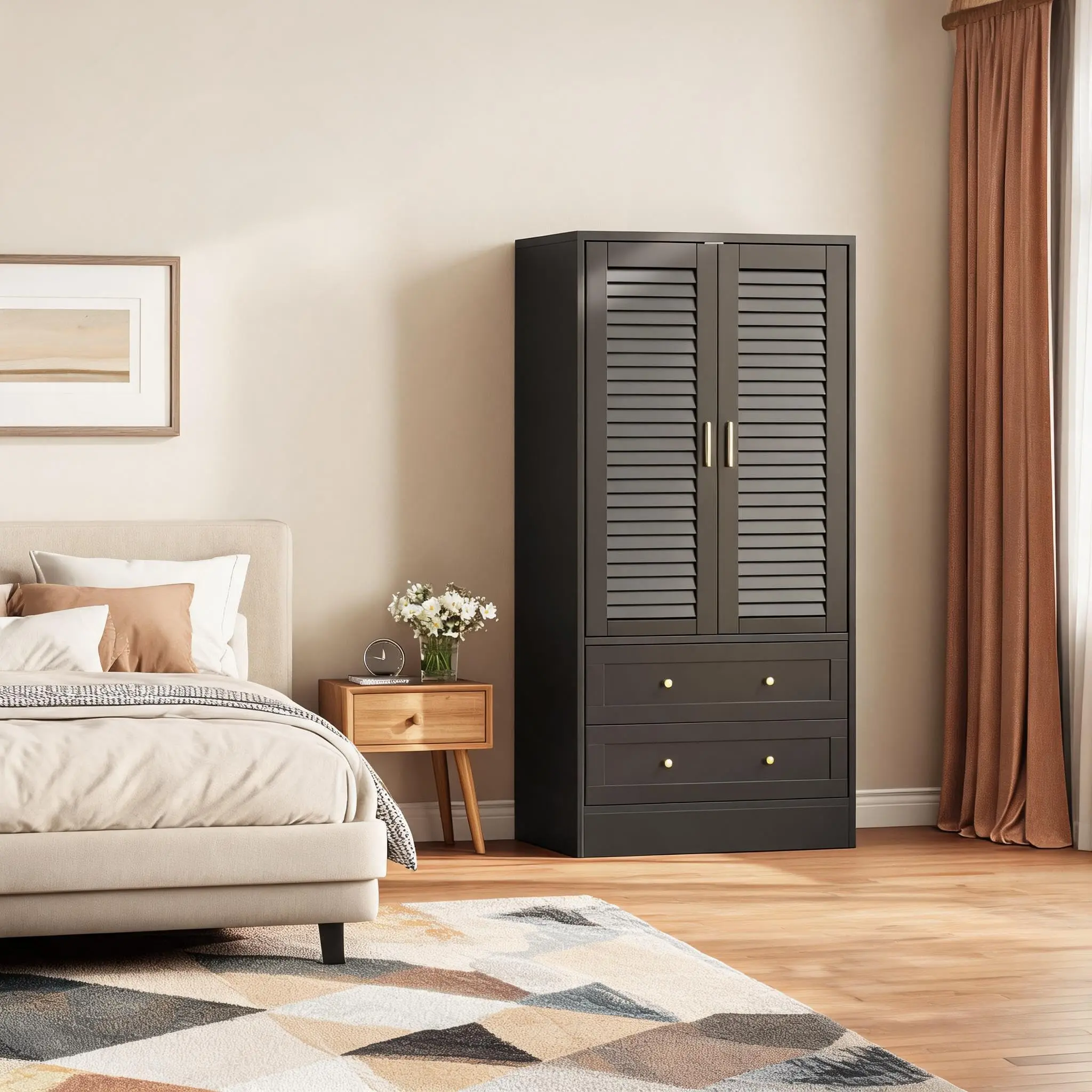 Spacious Modern Wooden Wardrobe Closet with Louvered Double Doors, Two Drawers, Hanging Rod, Durable Composite Wood Construction, Anti-Tip Design, Gold Handles Option, Ideal for Bedroom, Entryway, or Laundry Storage