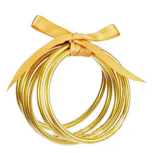 Women's Colorful Glitter Silicone Stackable Bracelet Set - Accented with Ribbon Bow, Waterproof Multi-Layer Jelly Jewelry Gift