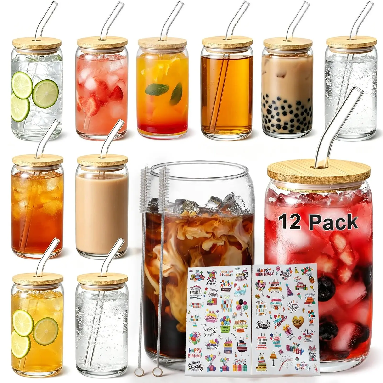 12 Pack Cute 16oz Beer Can Shaped Glass Tumblers with Bamboo Lids, Glass Straws & 2 Cleaning Brushes, Reusable Drinking Glass Cups for Iced Coffee, Bubble Tea, Smoothies, Whiskey and Daily Water