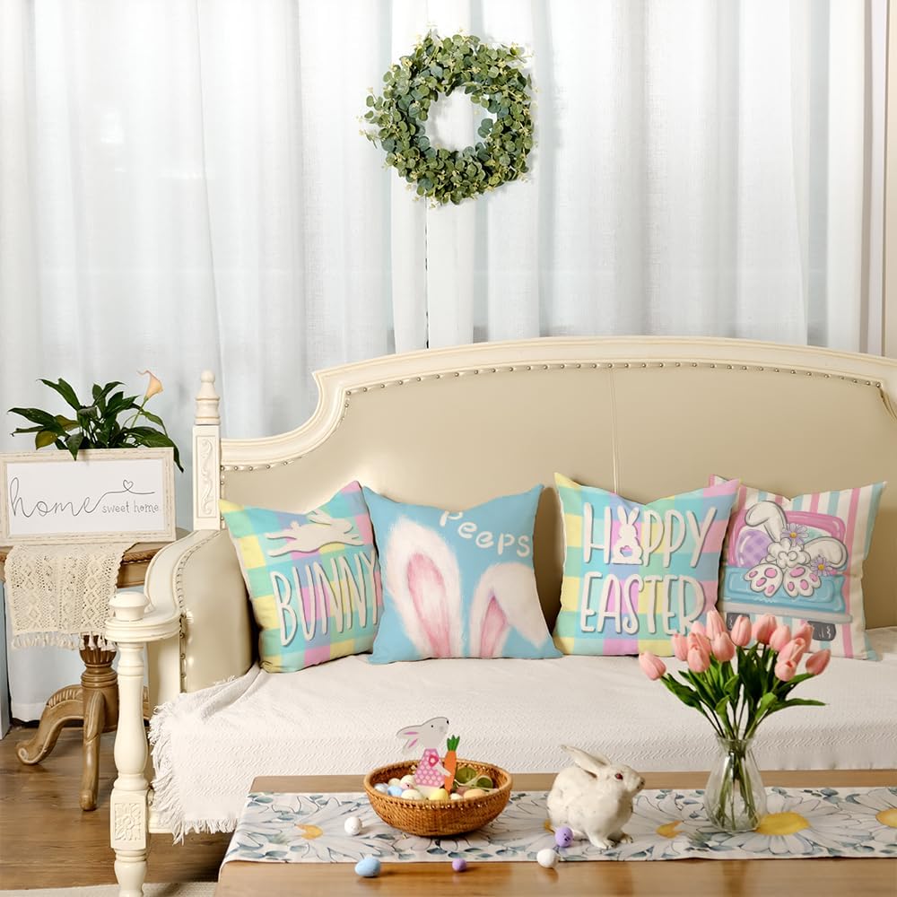 Easter Themed Cushion Cover, 4 Counts/set Cute Rabbit Egg Pattern Throw Pillow Cover, Household Decoration Supplies for Home Living Room Sofa