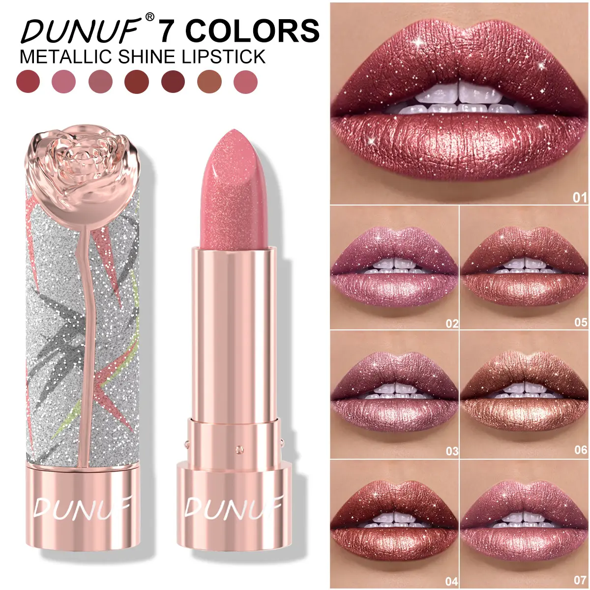 7 Color Pearlescent Lip Glaze Metallic Luster Lipstick Gold Sparkle Three dimensional Sparkle lipstick Pearlescent Lip Glaze Bright Crystal Lip Color Lipgloss, Luxurious Long Lasting Lipgloss