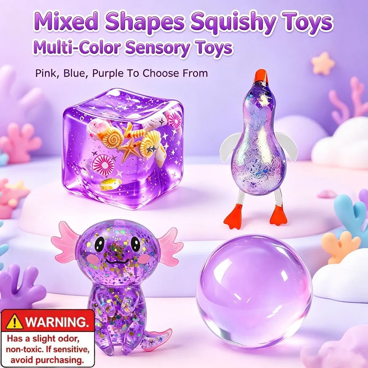 4PCS Multi Style Transparent Glitter Sensory Toy Set, Soft Squeezing Pressure Play Toys to Calm Anxiety, Cute Cube Duck Round Animal Toys for Easter & Party Favors，for Desktop Ornaments & Birthday Gifts