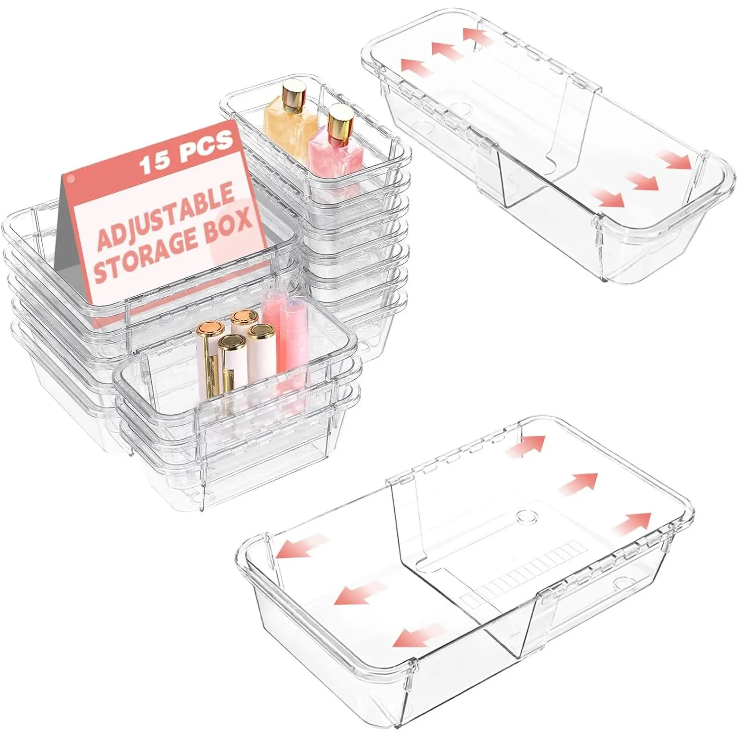15 count Extendable Clear Drawer Organizer,  Adjustable  Storage Box, 2-Size Desk Drawer Organizer,  Storage Bins for Makeup, , Bedroom Dressers Tool Organizer for Gadgets