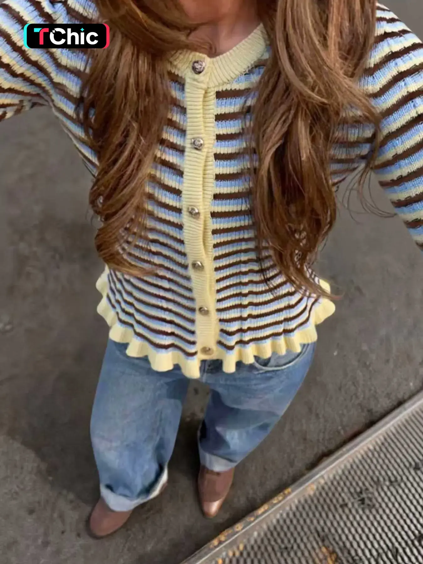Women's Vintage Y2K Striped Cropped Knit Cardigan, Ruffle Hem Crew Neck Single Breasted Ribbed Sweater Jacket, Waist Cinching Cut, Lightweight Soft Knit, Spring Autumn Streetwear, Everyday, Preppy Layering Outerwear, Pair With Jeans