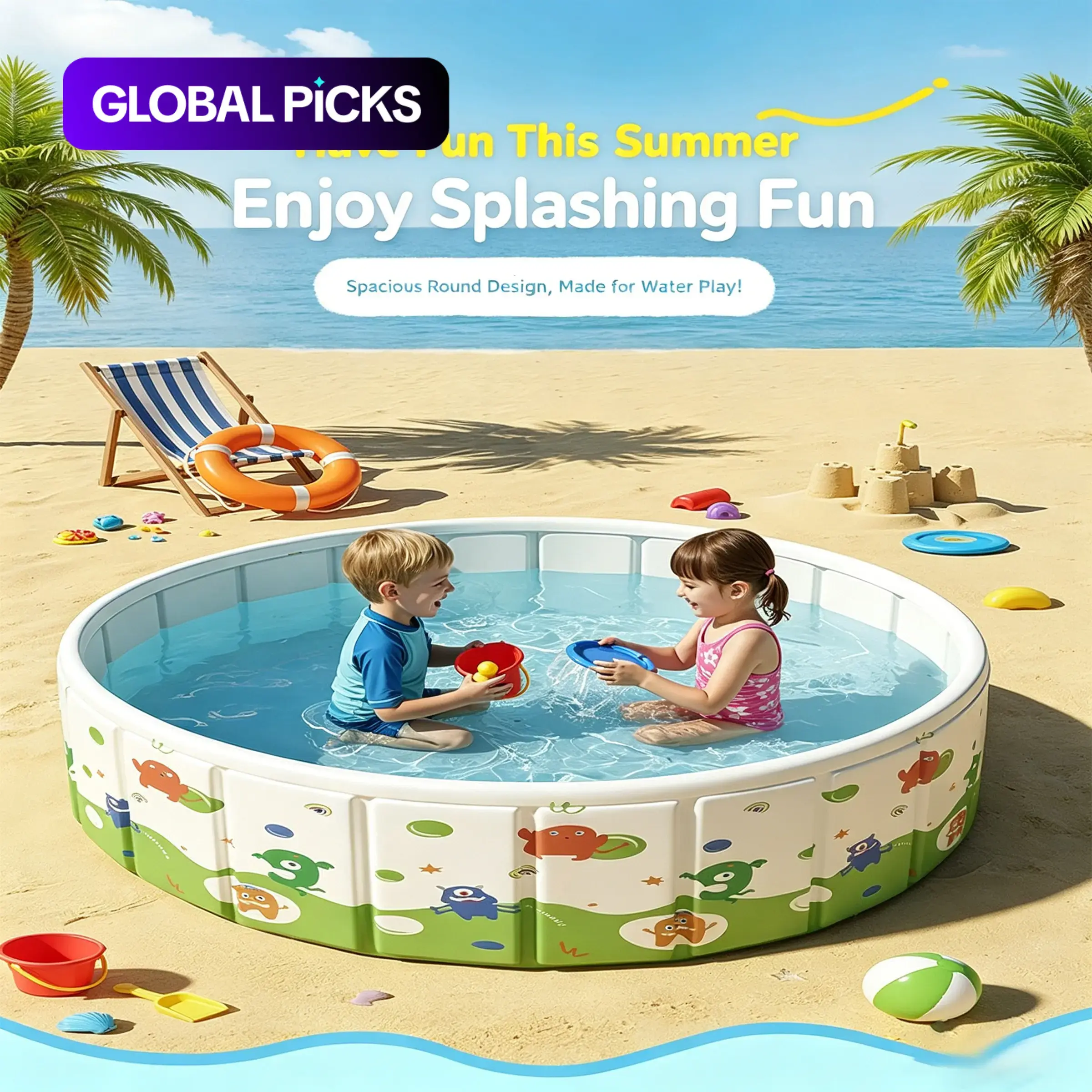Round Foldable Non-Inflatable Kids Swimming Pool, Collapsible Kiddie Pool, Folding, Portable Thickened Cartoon Backyard Water Play Pit, Multi-Purpose Sand Bath Pool for Parent-Child Outdoor Family Entertainment, Easy Fold & Storage No Air Pump Needed