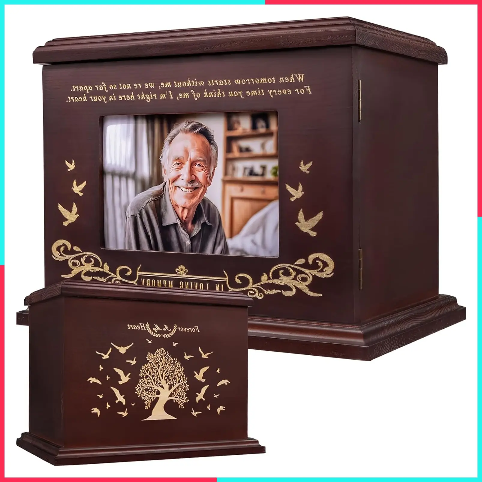 Cremation Urn for Human Ashes, Wooden Picture Frame Memorial Urn for Adults, Men, Women & Child, Funeral Memorial Urn Box, Holds Up to 255 lbs, Walnut Finish
