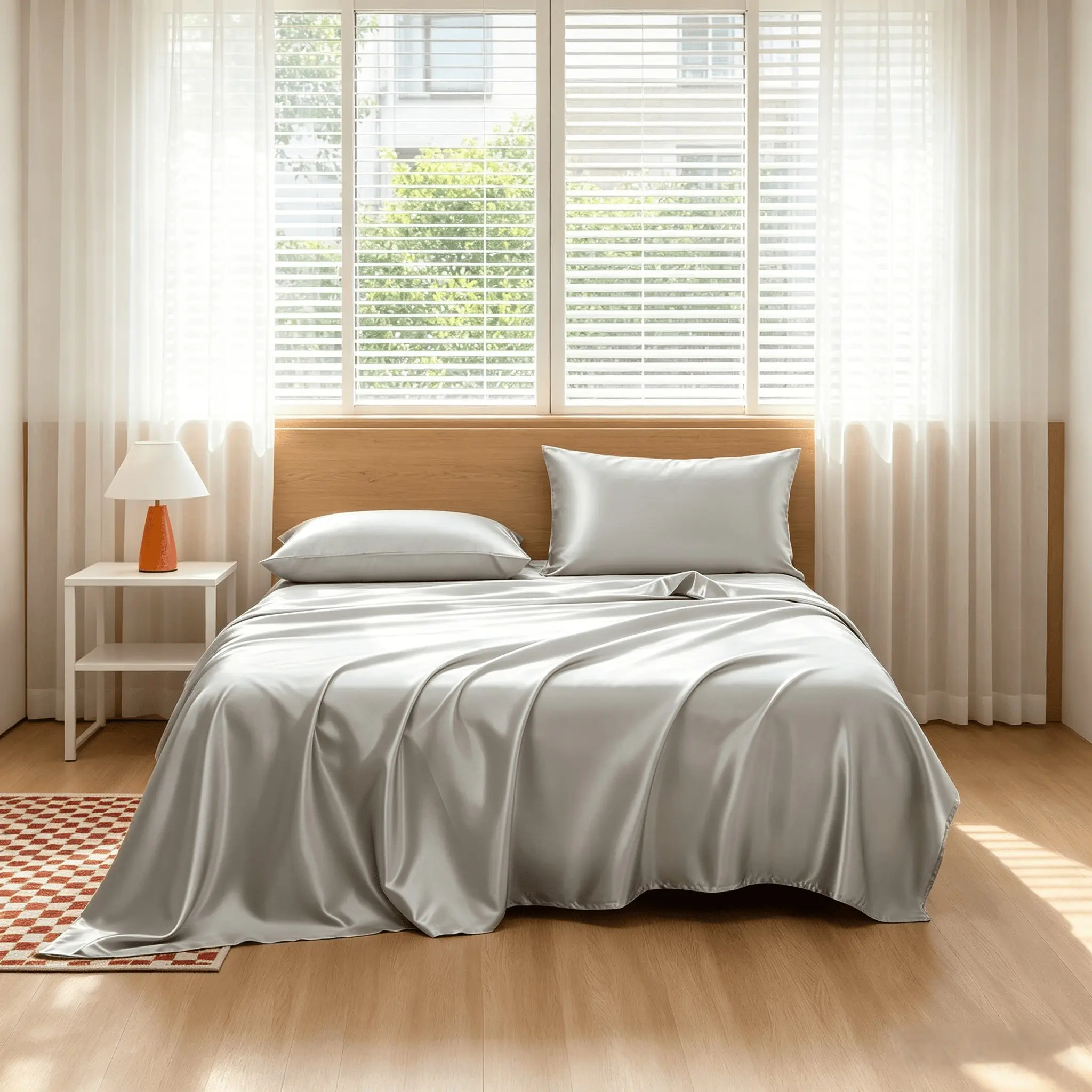 Satin Bed Linen 4-Piece Set, Satin Bedding Sets, elegant solid-color design. Package includes: 1 fitted sheet, 1 flat sheet & 2 pillowcases (pillow inserts not included). Crafted from premium luxurious polyester fabric.