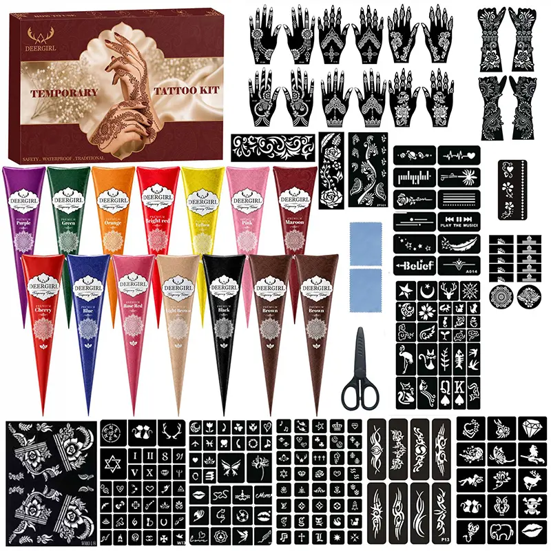 Premium Natural Henna Cone Temporary Tattoo Kit with Rich Henna Stencils, DIY Hand Body Art Mehndi Tattoo Supplies, Long Lasting Waterproof Temporary Tattoo Set Gift for Women Teen Girls Festival Travel