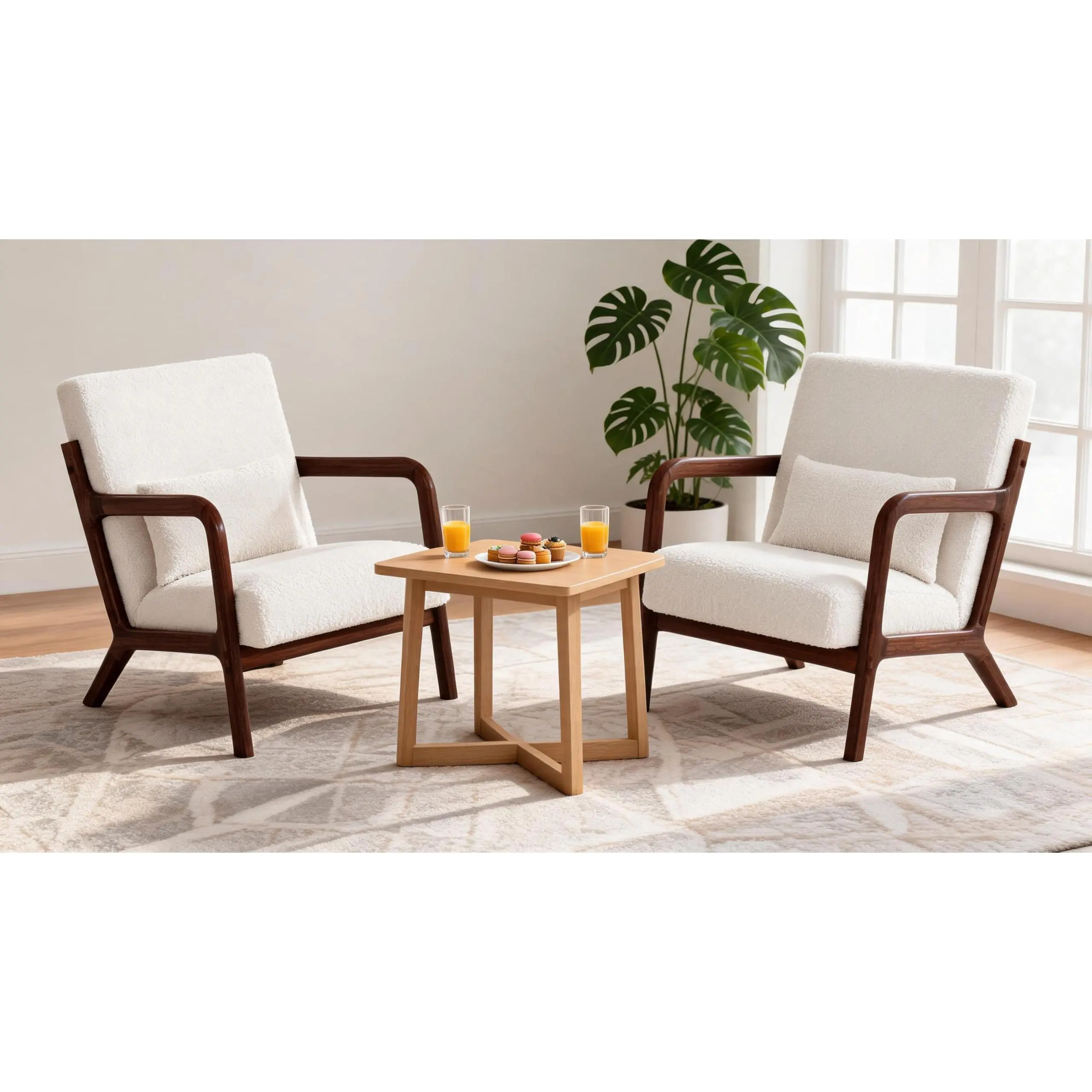 【Garvee】Teddy Accent Chair – Mid-Century Modern Wooden Accent Chair with Wood Legs – Comfy Upholstered Reading Leisure Chair for Living Room, Bedroom, Waiting Room – Beige
