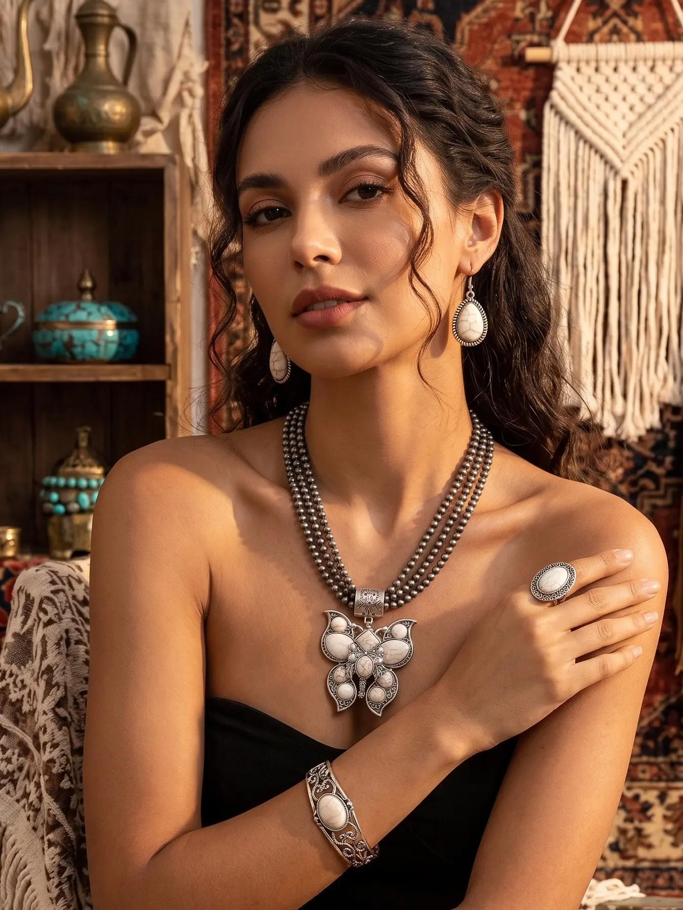 Western Butterfly Necklace Set for Women - 5Pcs Vintage Silver Navajo Pearl Bead Chain, White Stone Teardrop Earrings, Cuff Bracelet & Ring - Southwestern Boho Cowgirl Jewelry